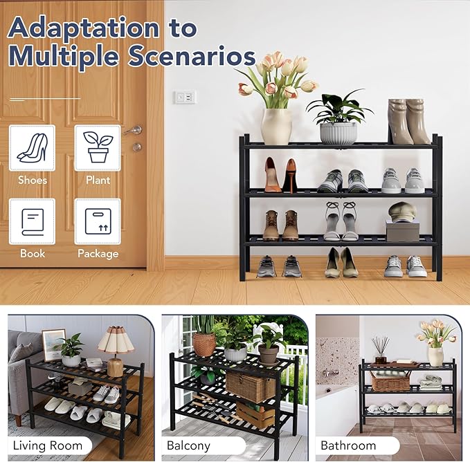Haddockway 3 Tier Bamboo Shoe Rack Storage Organizer, Multifunctional Free Standing Stackable Shoe Shelf with Grid Panel for Closet,Hallway,Entryway,Small Space 27"x11"x20" (Black, 3 Tier)
