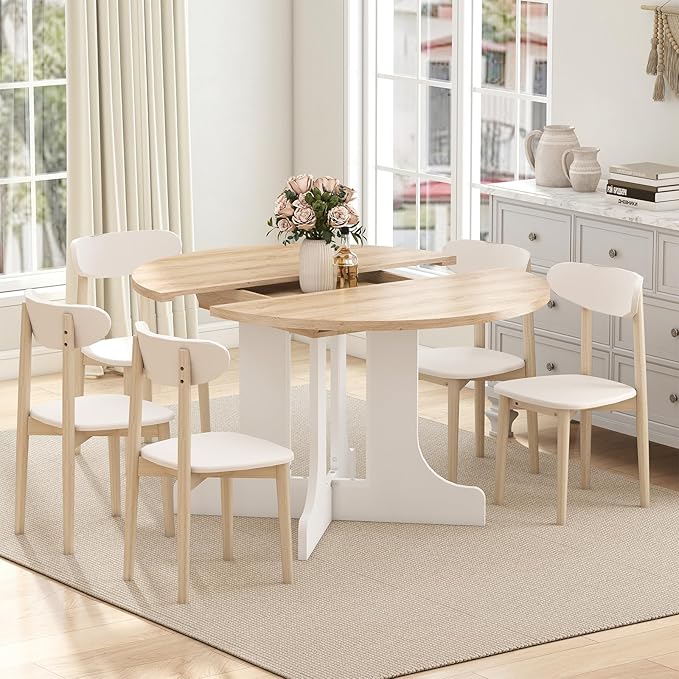 43"-59" Expandable Round Dining Table, Extendable Dining Room Table for 4-6, Oval Tabletop with Removable Leaf, Trestle X-Shaped Base & Metal Track for Dining Room, Living Room-Oak