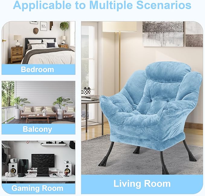 Fabric Lazy Chair for Adults, Oversized Upholstered Sofa Chair, Plush Comfy Lounge Chair with Large Side Storage Pocket, Thick Padded Reading Chair for Living Room, Bedroom, Study Room, Blue