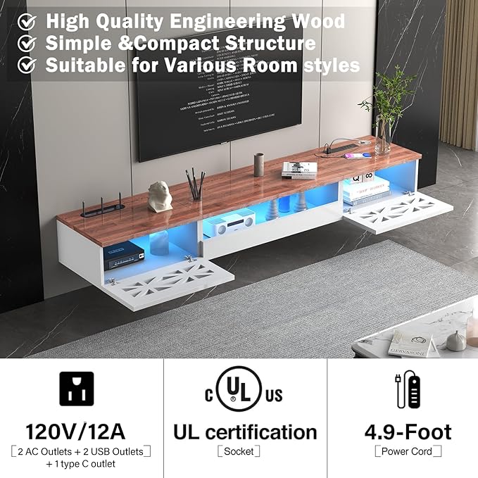 Floating TV Stand, 71" Floating Entertainment Center Wall Mounted,Floating Wall Mounted TV Shelf with Led Lights and Power Outlet,Modern High Gloss tv Cabinet Media Console with Storage