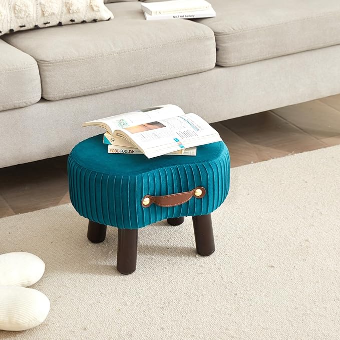 Small Footstool with Handle, Velvet Ottoman Foot Rest with Padded Seat, Curved Foot Stool with Wooden Legs, Portable Foot Rest for Living Room, Bedroom, Entryway, Peacock Blue