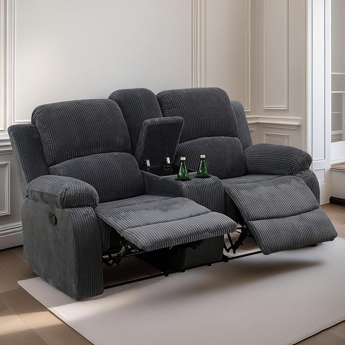 Loveseat Recliner Sofa, Reclining Loveseat Couch with Storage Console, Modern Comfy Home Theater Seating Power Recliner Chair with Cup Holders for Living Room Furniture Sets, Grey