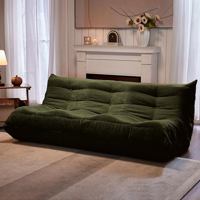 Bean Bag Chair, 3 Seater Fireside Chair Large Bean Bag Sofa for Adults, Memory Foam Chair Gaming Chairs with Comfy Design & Soft Fabric, Lazy Floor Sofa for Living Room, Bedroom, Olive Green