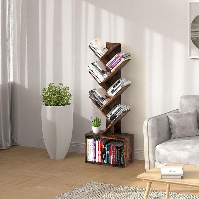 6 Tier Tree Bookshelf, Sturdy Retro Floor Standing Wood Bookcase, Storage Rack for Home Office, Living Room, Bedroom, Reading Spot, Heavy Book Organizer Shelves for CDs/DVDs/Movies