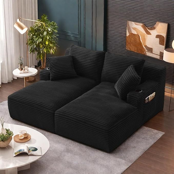 Oversized Sectional Double Chaise Lounge, Compressed Boneless Lounge Chaise with Cupholders, Boneless Sofa with Deep Seat, Fluffy Modern Sleeper Loveseat for Indoor Living Room, Black