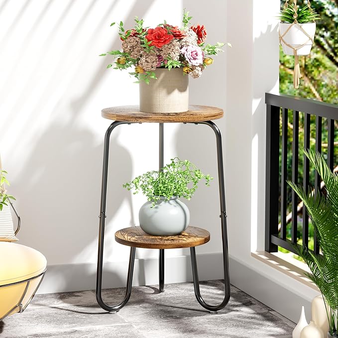 2 Tier Wood Plant Stand Indoor, Small Round Flower Pot Stand, 19.6" Tall Single Plant Holder for Living Room, Balcony, Rustic Brown End Side Table๏ผRustic Brown๏ผ