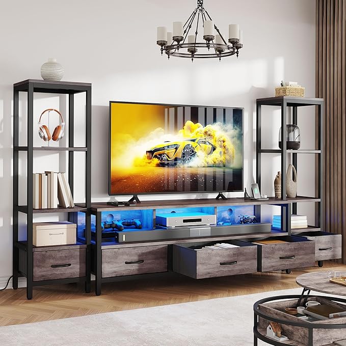 DWVO Entertainment Center with Bookshelves, LED TV Stand for 65/60 inch TV, Farmhouse TV Stand for Living Room with 2 Industrial 4-Tier Bookshelves & Power Outlets, Grey