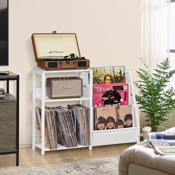 LELELINKY Record Player Table,Turntable Shelf with Vinyl Storage Up to 180 Albums,White Side Table with 3 Tier Magazine Periodical Book Rack,Wide Metal Record Holder Cabinet for Office, Music Room