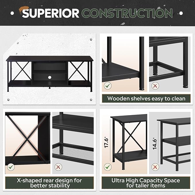 WLIVE TV Stand up to 65 Inch TV, 55" Entertainment Center, Industrial TV Console with Open Storage Shelf for Living Room and Bedroom, Black