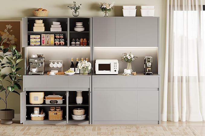 Garvee Kitchen Pantry Storage Cabinet, Tall Storage Cabinet with Doors and Shelves, Kitchen Storage Hutch with Microwave Stand, Led Lights and Charging Station,Corner Pantry Cabinet,Grey