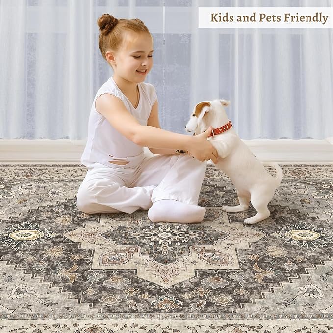 Tangsoo Vintage Round Rug 4ft Washable Circle Rug, Non Slip Small Boho Round Rug, Low Pile Circular Rugs, Round Carpet for Bedroom,Entryway,Nursery,Dorm,Kitchen,Brown/Grey