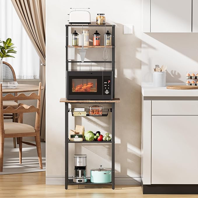 Kitchen Bakers Rack, 6-Tier Microwave Stand with Storage, Multifunctional Coffee Bar with Mesh Basket, Tall Utility Kitchen Storage Shelf, 5 Hooks, Easy Assembly, Rustic Brown