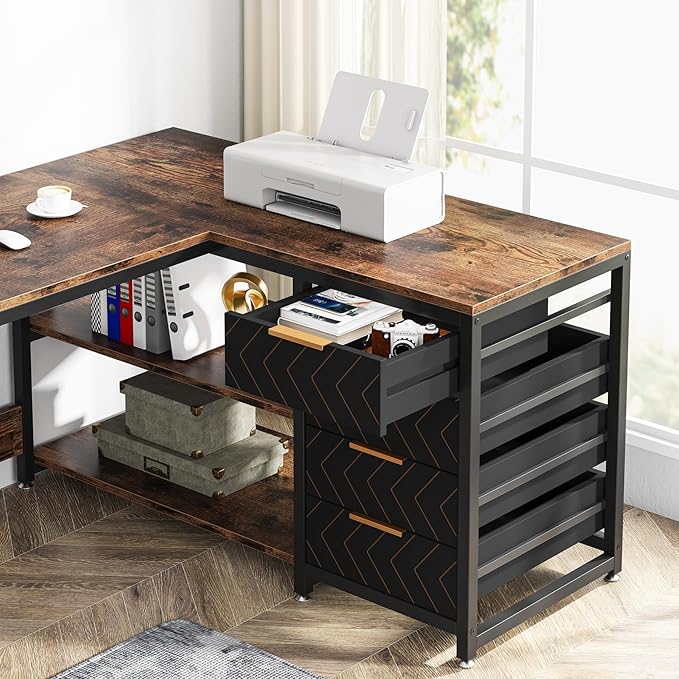 LITTLE TREE 59-Inch L Shaped Desk with Drawers, Large Computer Desk with Storage Shelves, Reversible L-Shaped Corner Desk Workstation for Home Office