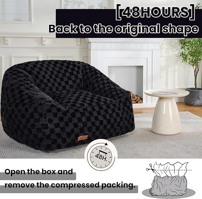Bean Bag Chairs for Adults, Giant Beanbag Sofa Comfy Reading Chair, Oversized Bean Bag Chairs for Living Room Bedroom, Soft Faux Fur Fabric, 3.2FT, Black, Checkered