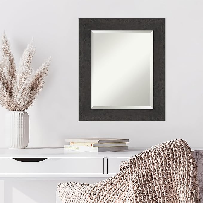 Amanti Art Brown Wall Mirror 26x22 Rustic Plank Espresso Rectangle Bathroom Mirror for Wall Decor Living Room, Small Rustic Farmhouse Frame, Hangs Horizonally and Vertically, Bathroom Decor, Beveled
