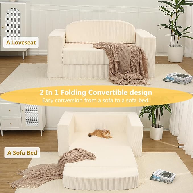 MeMoreCool Convertible Sofa Bed, Pull Out Loveseat Sleeper Sofa Beige, Small Boneless Cloud Couch Bed for Adults, Fold Out Foam Love Seat, Corduroy Folding Floor Couch for Bedroom