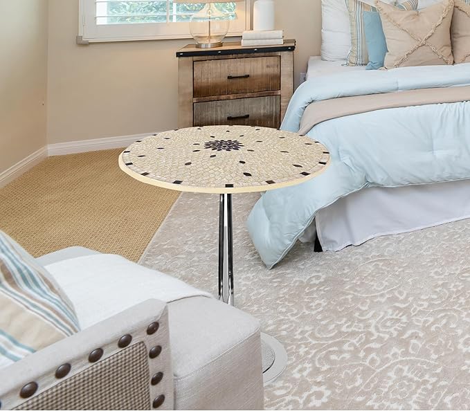 CLEENTABLE Mosaic Round End Table - Modern Coffee Accent Table with Artistic Top, Electroplated Silver Legs - Lightweight, Durable, Easy Assembly 15 x 21 Inches (Ivory Silver)