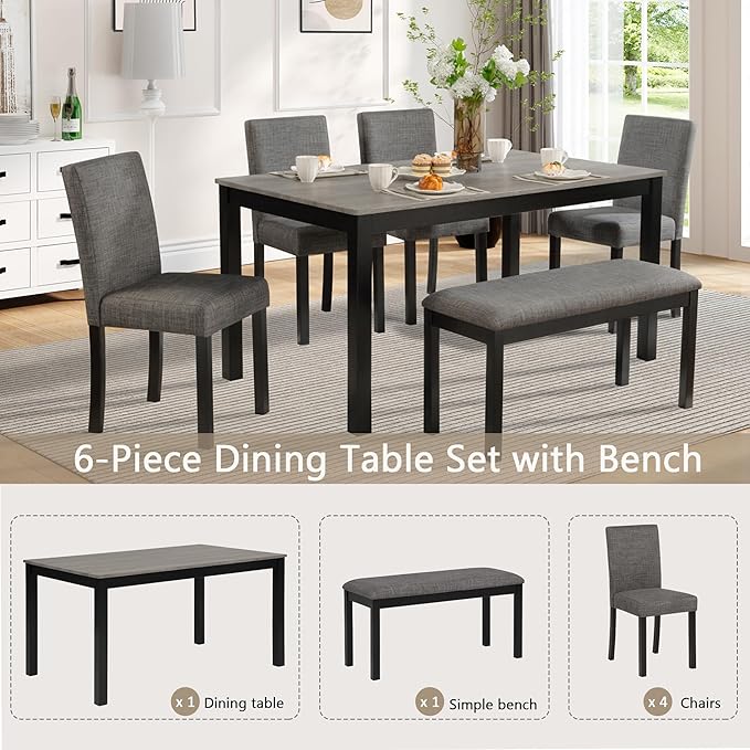 KEIKI 6-Piece Standard Height Dining Table Set with Rectangular Table, 4 Upholstered Curved Backrset Chair, Bench, for 6 Person, Modern Table Set, Easy Assembly, for Kitchen, Dining Room, Black+Gray