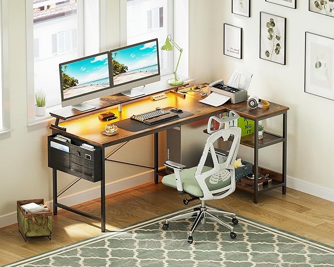 ODK 58 Inch Gaming Desk with USB Charging Ports and LED Lights, Reversible L Shaped Computer Desk with Storage Shelves & Monitor Stand, Corner Home Office Desk Table with Power Outlets, Vintage