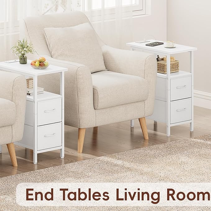 Vagusicc White Nightstand with Charging Station and LED Lights, Narrow Side Table, LED Night Stand with 2 Fabric Drawers, Bedside Table with USB Ports and Outlets, Tall Nightstand for Bedroom, White