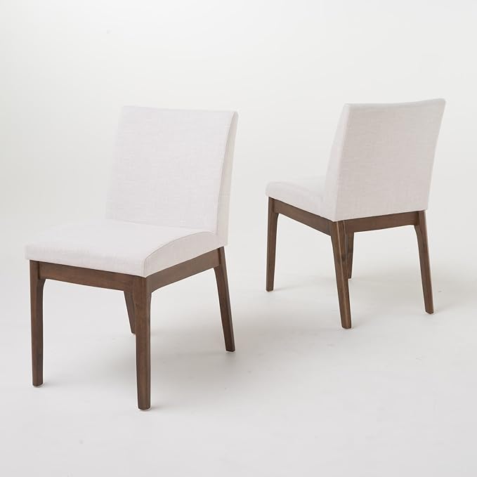 Dining Table Set for 4, Solid Rubberwood Upholstered Chairs, Mid-Century Modern Kitchen Furniture for Home, Dining/Living Room, Walnut+Beige