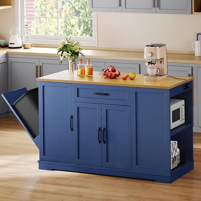 YITAHOME 50" Kitchen Island with Power Outlet & Drop Leaf, Rolling Island Cart with Trash Can Cabinet, Mobile Storage Islands with Microwave Rack, Door Storage Spice Rack, Navy Blue