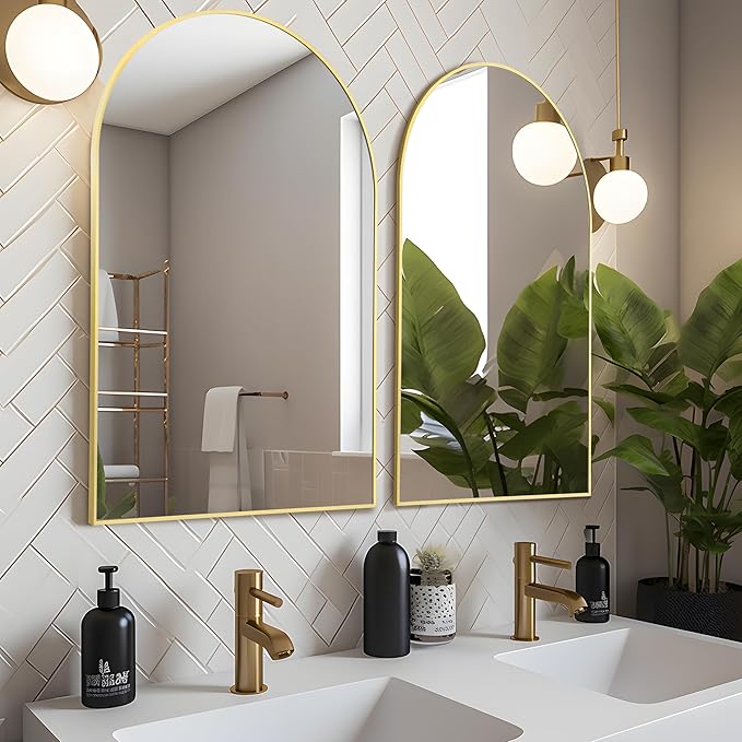 Arched Wall Mirror 24"X36", Gold Bathroom Vanity Mirrors for Over Sink, Modern Farmhouse Mirror Wall Mounted, Curved Arch Design for Bedroom, Living Room & Home Decor