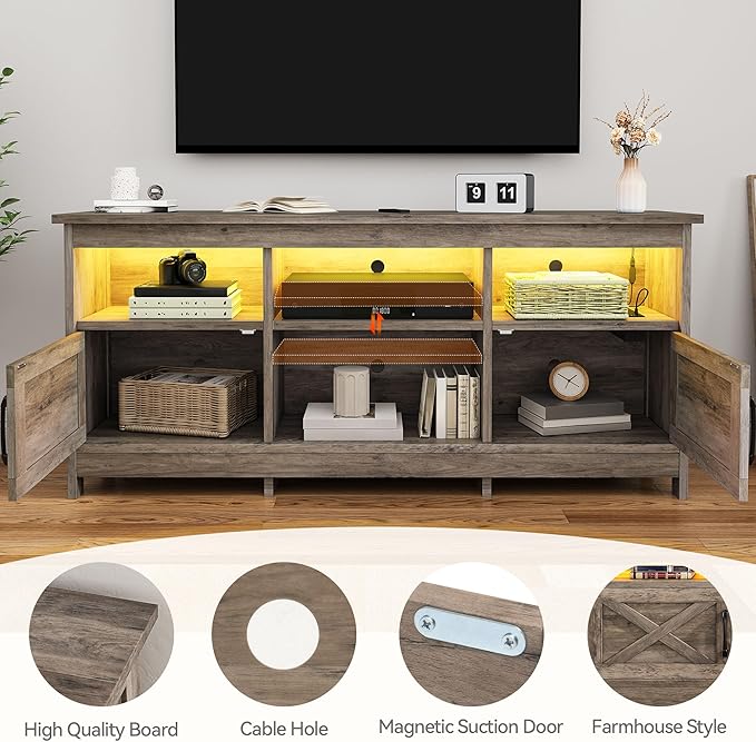DWVO TV Stand for up to 65 Inch TV, Entertainment Center with Storage, TV Cabinet with Power Outlet & LED Light Strip, Media Console Television Stands for Living Room, Washed Grey