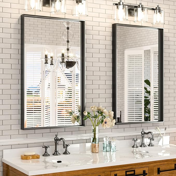 Keonjinn Black Bathroom Mirror 40 x 24 Inch, Metal Frame Black Mirror for Over Sink, Brushed Black, Modern Farmhouse, Square Corner Rectangular Mirrors for Wall(Horizontal/Vertical)
