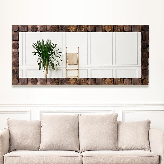 56x24 Inch Handcrafted Solid Wood Square Wall Mirror with Geometric Wood Inlay Design, Rustic Natural Texture for Bathroom, Bedroom, Living Room Decor
