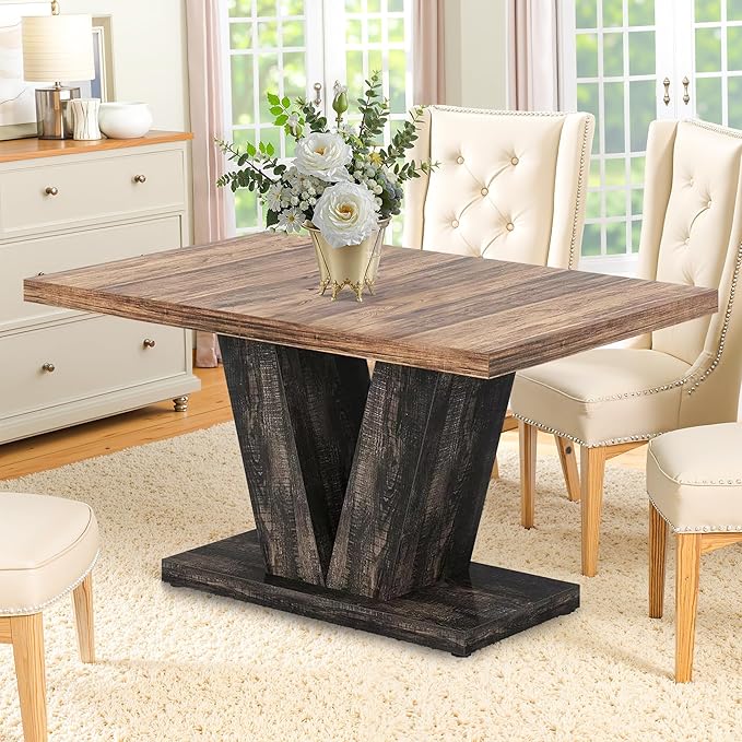 47 Inch Dining Table for 4, Farmhouse Dinner Table Wooden Kitchen Tables with Heavy Duty Pedestal for Dining Room, Kitchen, Living Room, Brown & Black