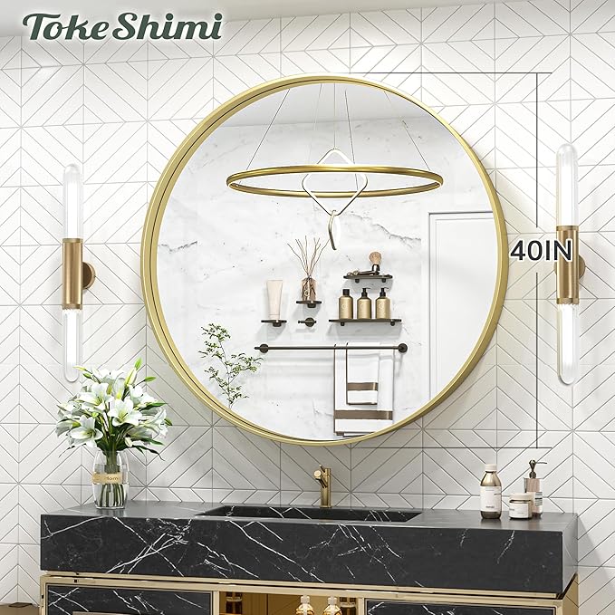 TokeShimi 40 Inch Round Gold Bathroom Mirror for Wall with Non-Rusting Aluminum Alloy Brushed Matte Metal Frame for Modern Minimalist Farmhouse Home Decor