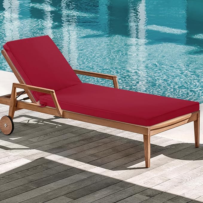 Chaise Lounge Cushions Outdoor Set of 2 - Waterproof and Fade Resistant Sun Lounger Replacement Cushions - Patio Lounger Pads with Removable Cover for Pool, Deck, Lawn, 72 x 21 x 3 Inch, Red