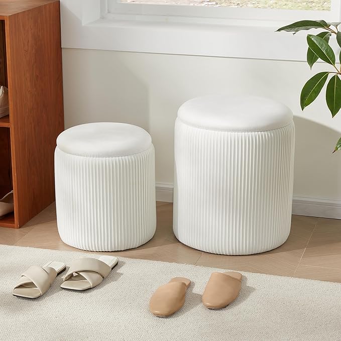 Round Ottoman with Storage Set of 2,Vanity Stool with Storage for Bedroom, Ottoman Coffee Table,Small Velvet Foot Stool for Living Room, White