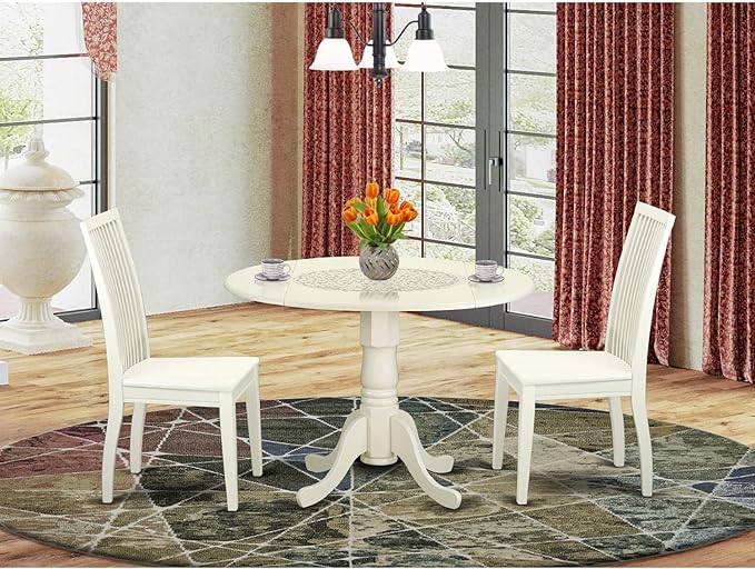East West Furniture DLIP3-LWH-W 3 Piece Kitchen Table Set for Small Spaces Contains a Round Dining Table with Dropleaf and 2 Dining Room Chairs, 42x42 Inch, Linen White