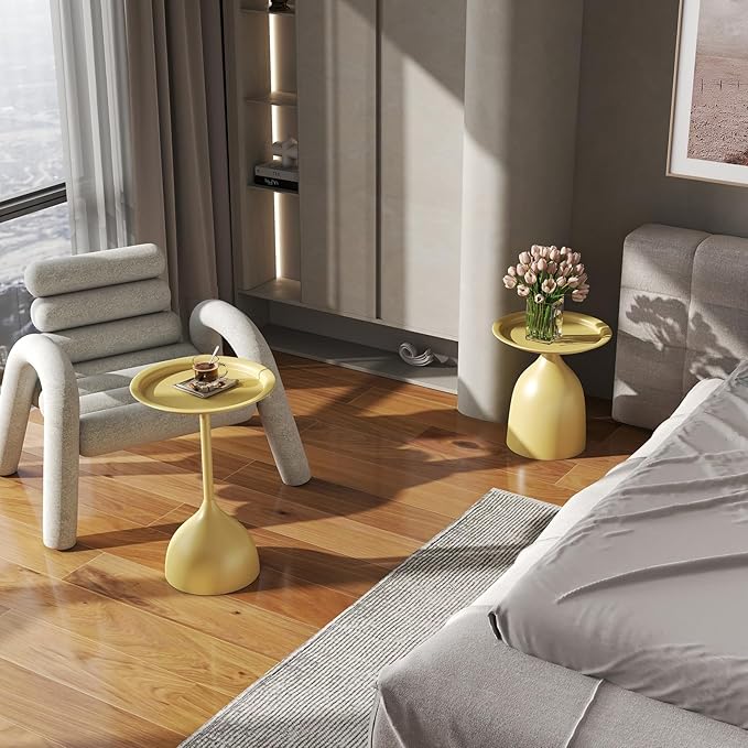 hitsuki Yellow Nesting Coffee Table Set of 2 Funky Colorful Round Metal End Side Tables for Living Room Sofa Retro Modern Pedestal nightstand Cute Matte Cream Yellow Side Table