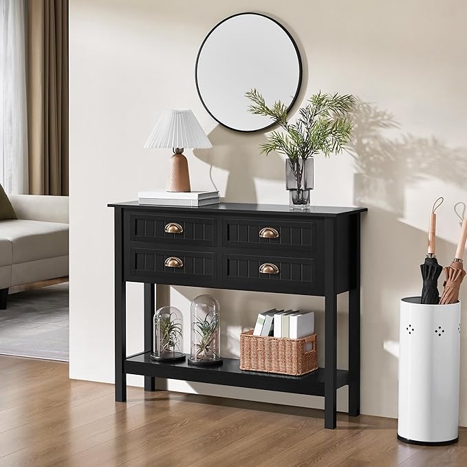 Yaheetech Console Table with 4 Drawers, Sofa Side Table with Bottom Open Storage Shelf, Heavy-Duty Entryway Tables for Hallway/Living Room, 39.5x14x32 inch, Black