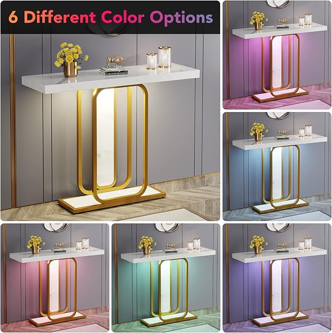 LITTLE TREE Modern Entryway Console Table with LED Lights, White and Gold