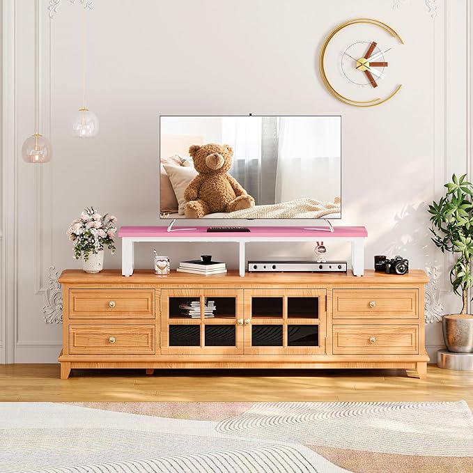 Clikuutory 45" Large TV Riser for 32-60 inch TVs, Tabletop Stand with Steel Legs, Storage & Dual - Screen Office Desk Function, Ideal for Home Office, Bedroom, Living Room, Pink