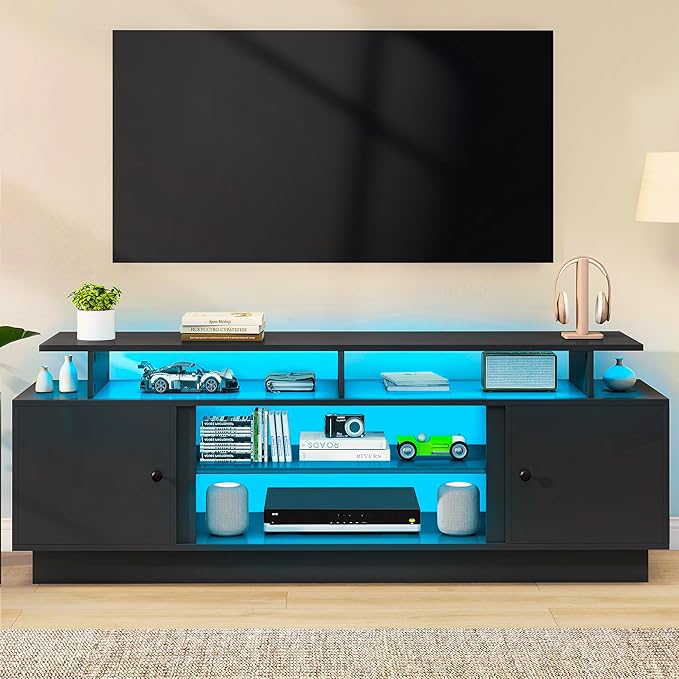 YITAHOME Modern TV Stand with LED Lights for up to 80 Inch TVs, Entertainment Center with Storage Cabinets & Movable Partition for Living Room (Black)