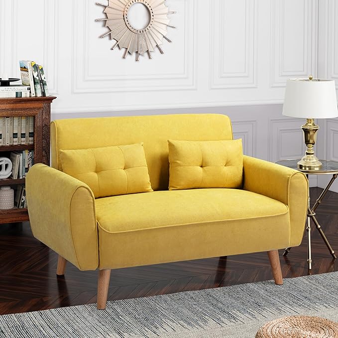 Shintenchi 47" Small Modern Loveseat Couch Sofa, Fabric Upholstered 2-Seat Sofa, Love Seat Furniture with 2 Pillows, Wood Leg for Small Space, Living Room, Bedroom, Apartment, Yellow