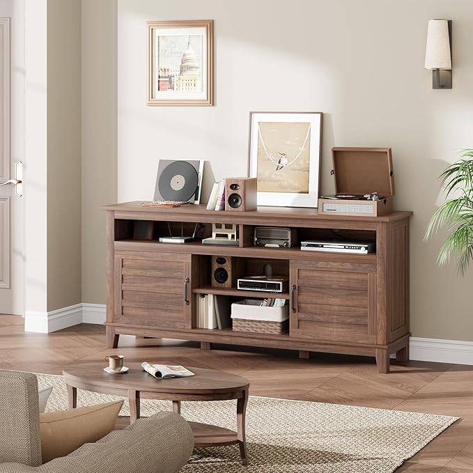 GarveeHome TV Stand for 63 in, Entertainment Center with Adjustable Shelves, Farmhouse TV Stand with Cabinet Doors,for Living Room, Bedroom (Brown, 63)