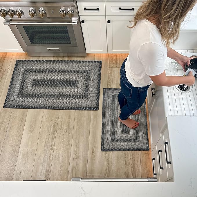 Flint Hill Small Braided Rugs 20x30 - Primitive Style Gray and Black Rug for Kitchen
