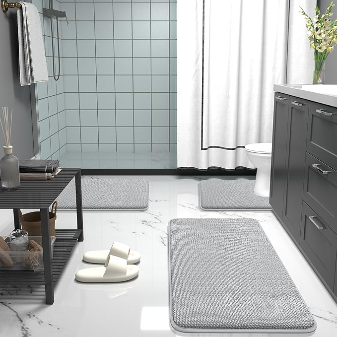 OLANLY Thick Memory Foam Bath Mat Rug 36x24, Extra Soft Absorbent Bathroom Rug, Quick Dry Bath Mats, Non-Slip, Machine Washable Carpet for Bathroom, Tub and Shower, Home Decor Accessories, Light Grey