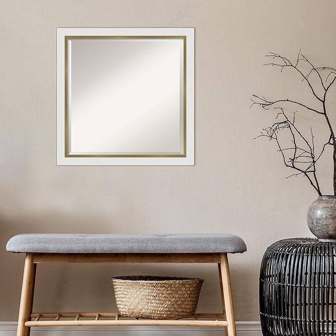 Amanti Art White Bathroom Mirror for Over Sink, 23x23 Eva White Gold Narrow Square Vanity Mirror, Medium Modern Contemporary Frame, Hangs Horizonally and Vertically, Bathroom Wall Decor, Beveled Edge