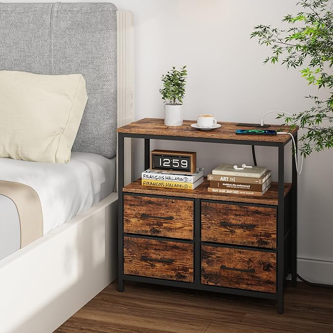 TUTOTAK Large Night Stand with Charging Station, Nightstand with USB and Type-C Port, Bedside Table with Cloth Drawers, End Table for Livingroom, Bedroom, Brown TB01BB081