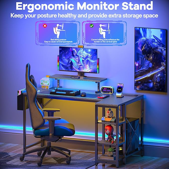 40 inch Gaming Desk with USB Power Outlet and LED Light- Reversible L Shaped Desk with Storage Bag,Computer Desk with Adjustable Monitor Stand& Storage Shelves and CPU Stand,Corner Desk Table