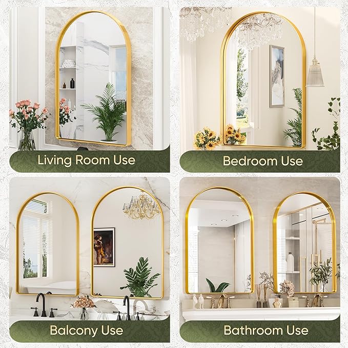 Suidia 24" x 36" Bathroom Mirror, Bathroom Vanity Mirror Metal Framed, Wall-Mounted Mirrors for Bedroom, Living Room, Entryway, Hallway, Gold, Arch Style