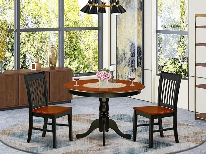 East West Furniture HLNO3-BCH-W 3 Piece Kitchen Table & Chairs Set Contains a Round Dining Room Table with Pedestal and 2 Dining Chairs, 42x42 Inch, Black & Cherry