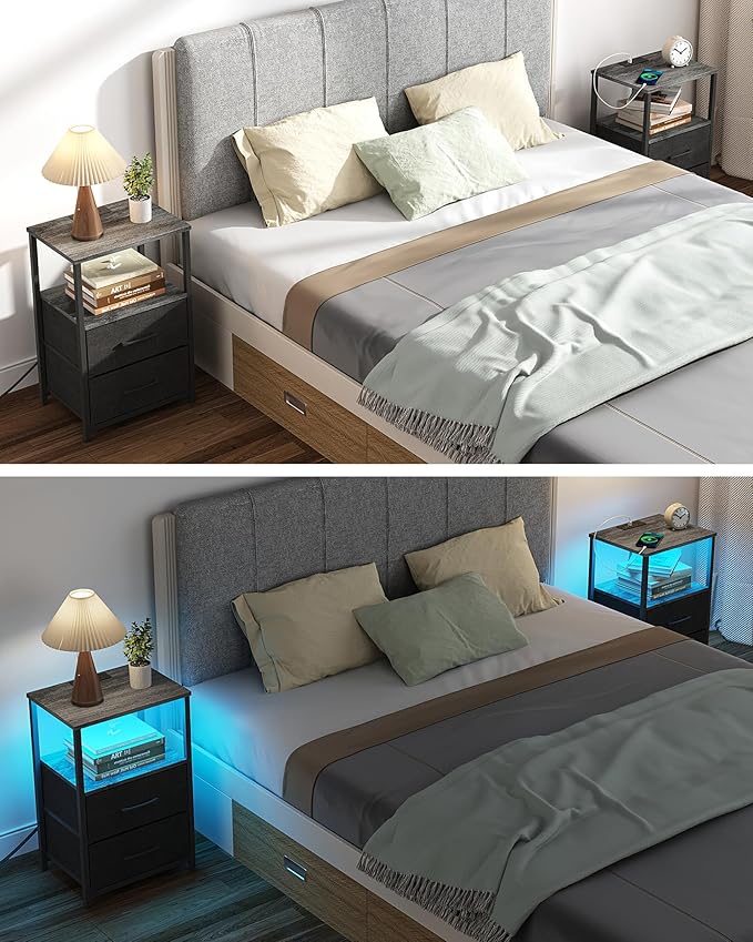 TUTOTAK LED End Table with Charging Station, Night Stand, Side Table with 2 USB Ports and Outlets, Nightstand with Cloth Drawer, Bedside Table for Livingroom, Bedroom Charcoal Grey TB01BY088L